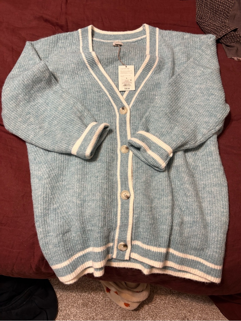 NWT a new day Light Blue button up Cardigan with White Trim